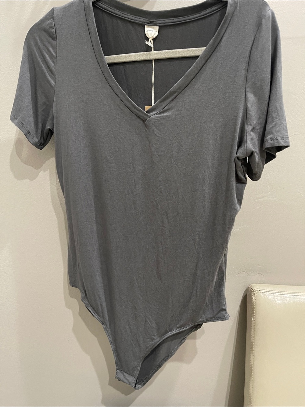 Bamboo blend, v neck  Short Sleeve Bodysuit in Charcoal Gray